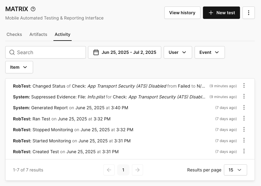 MATRIX activity log
