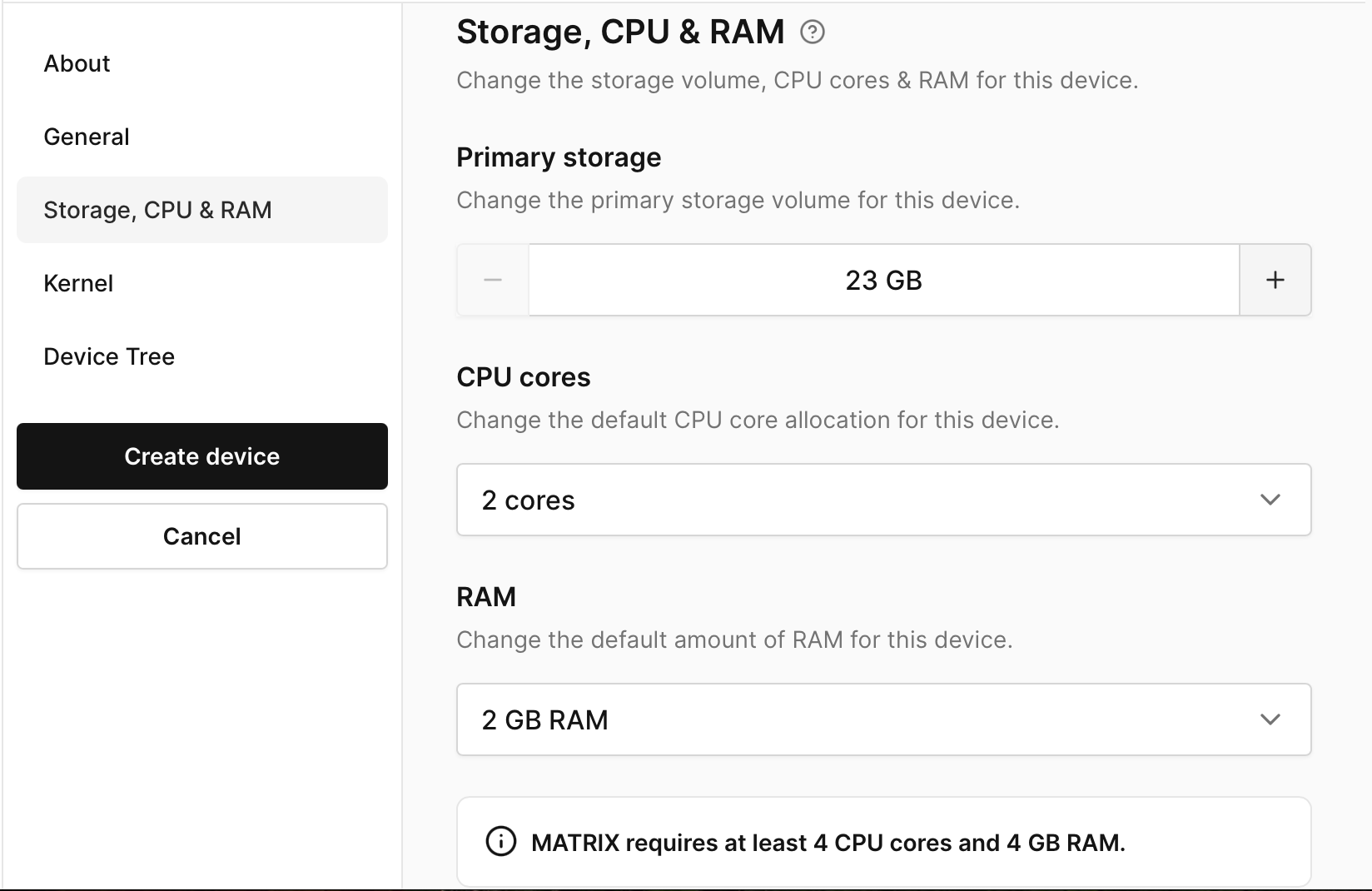 CPU and RAM Settings