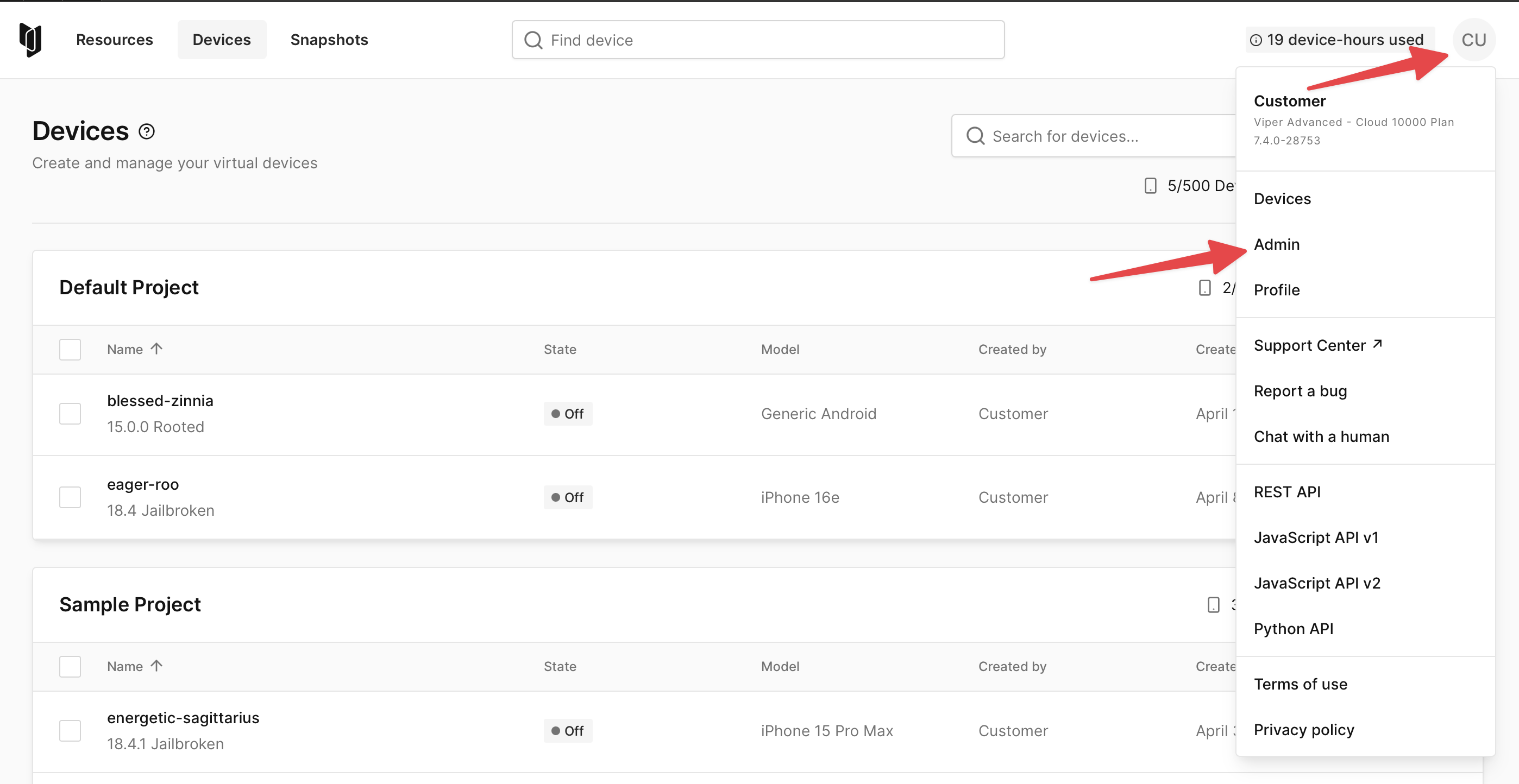 Devices Screen Showing Admin Page Route
