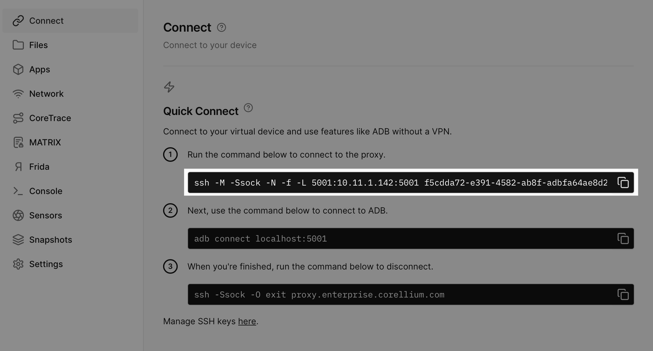 Android quick connect command