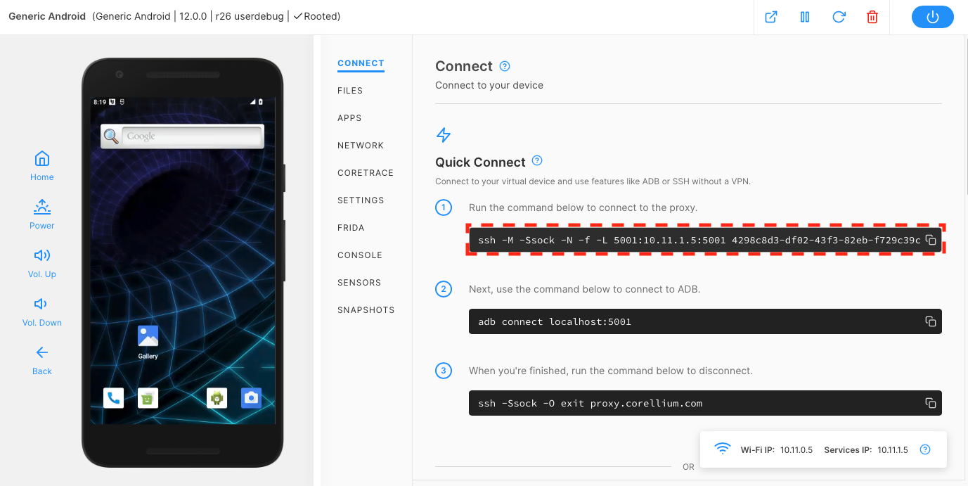 Android quick connect command