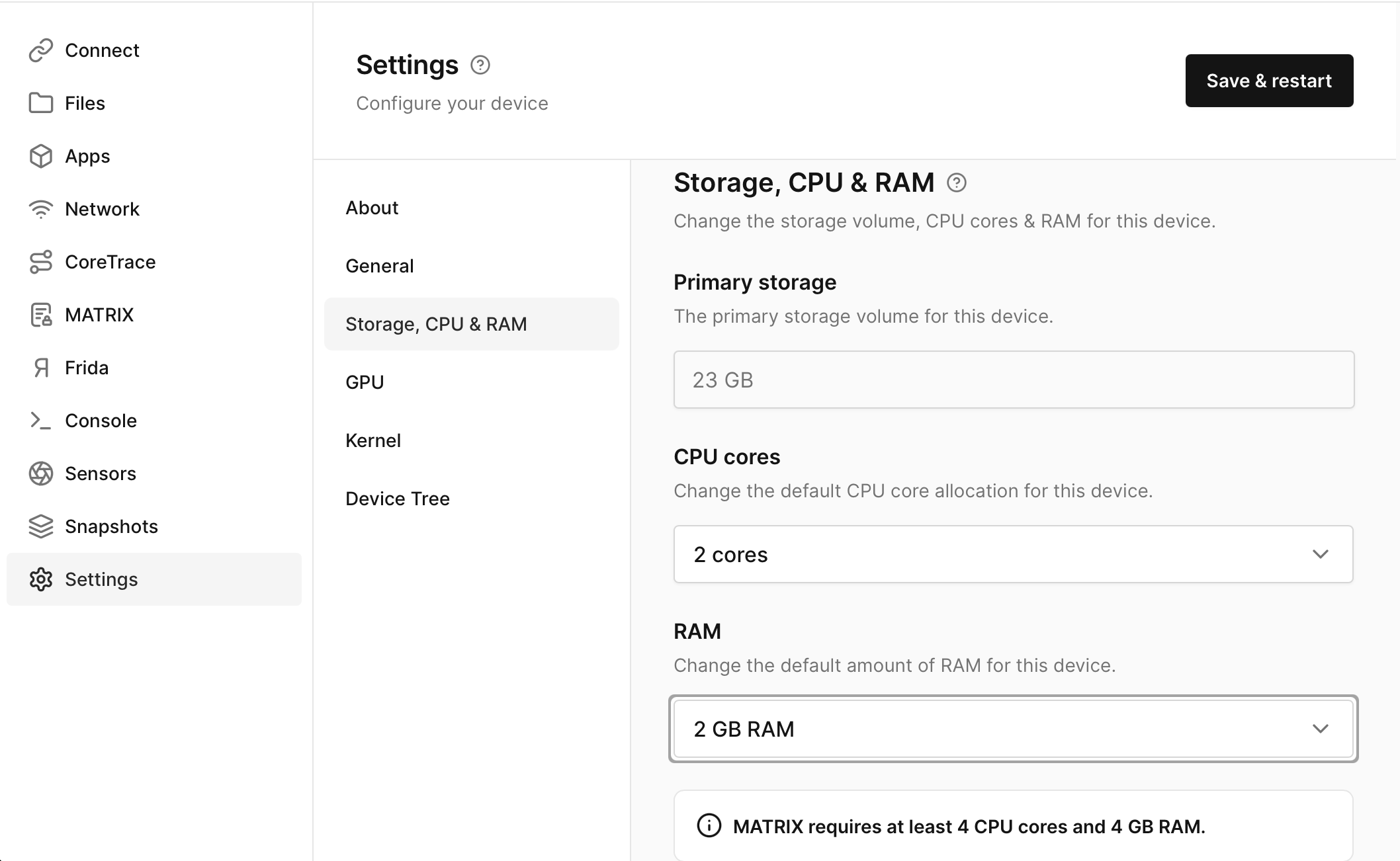 CPU and RAM Settings