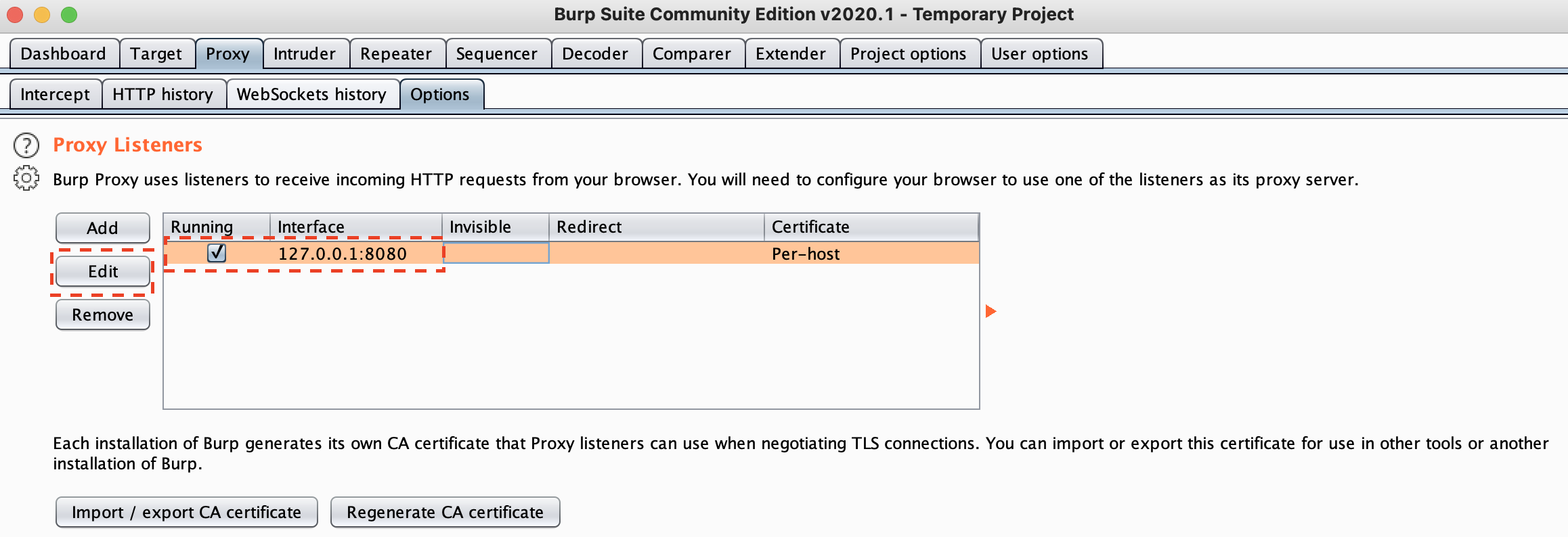 Burp proxy tab