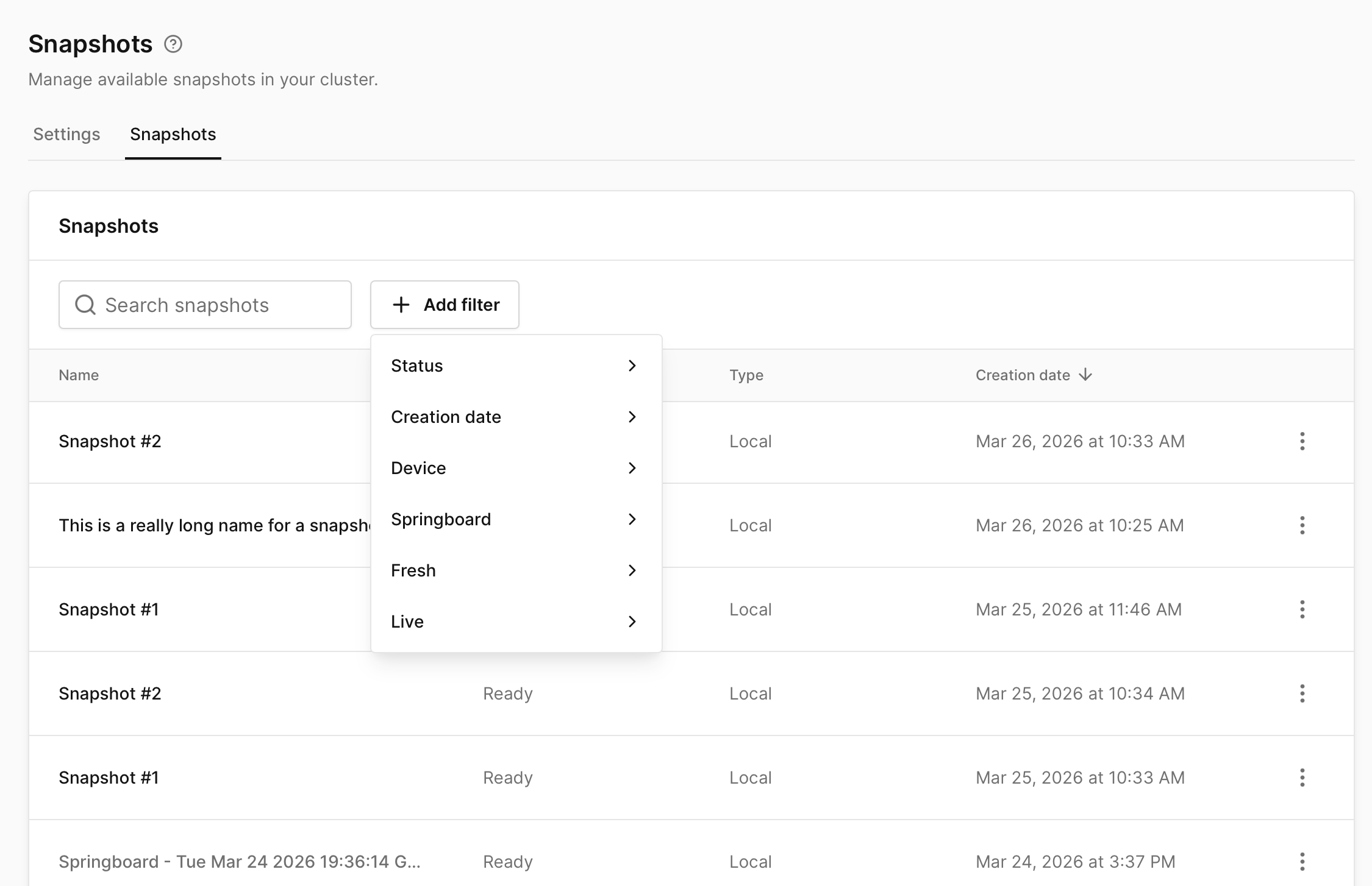 Cluster Snapshot Filters