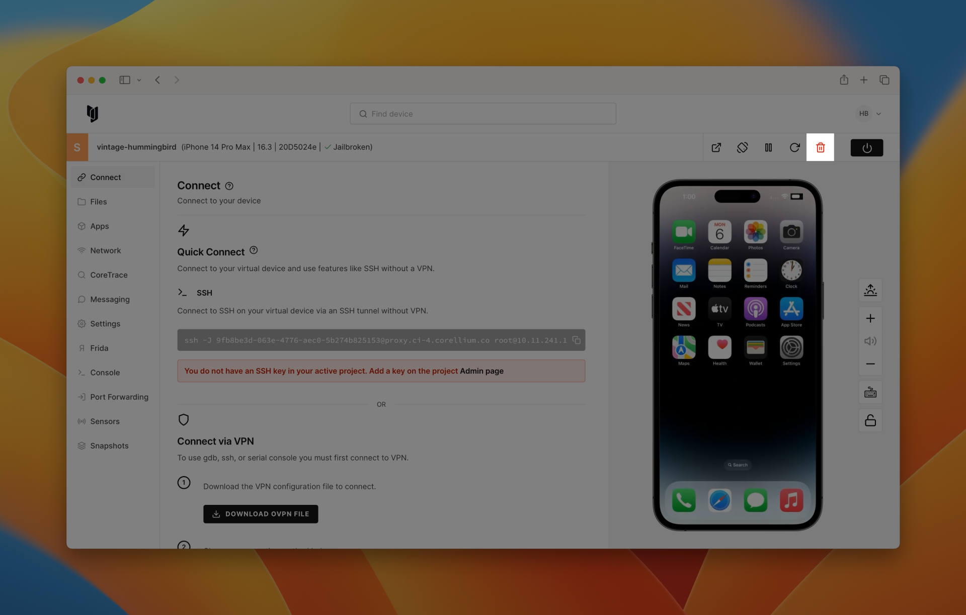 Screenshot of deleting your Android signal device in the Corellium platform