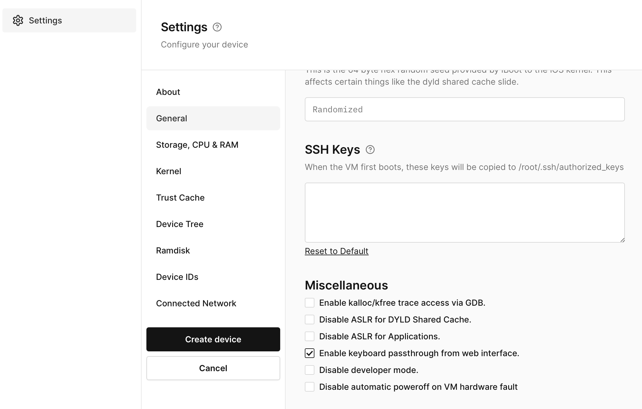 SSH Keys Settings