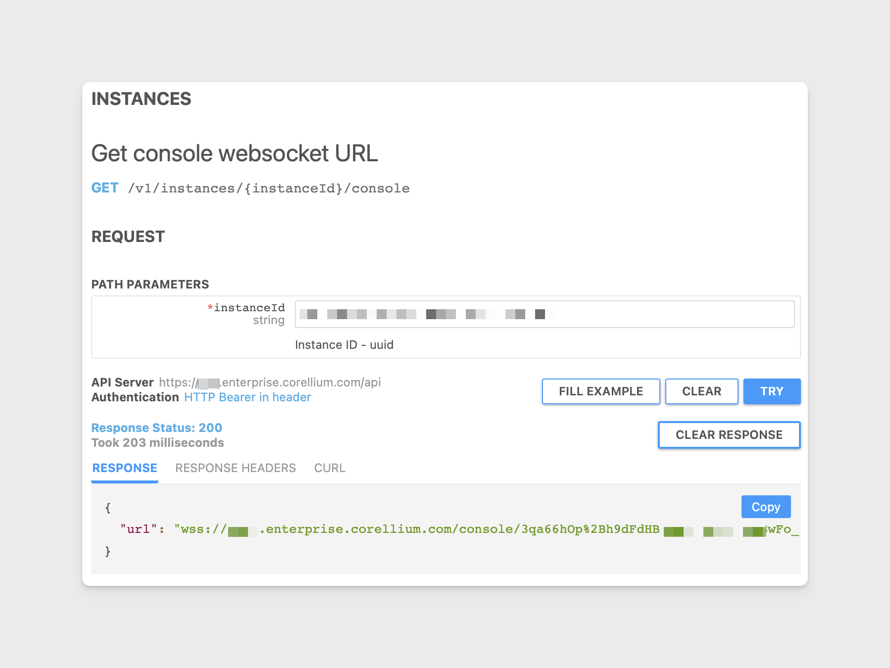 Response from the GET /v1/instances/instanceId/console API endpoint