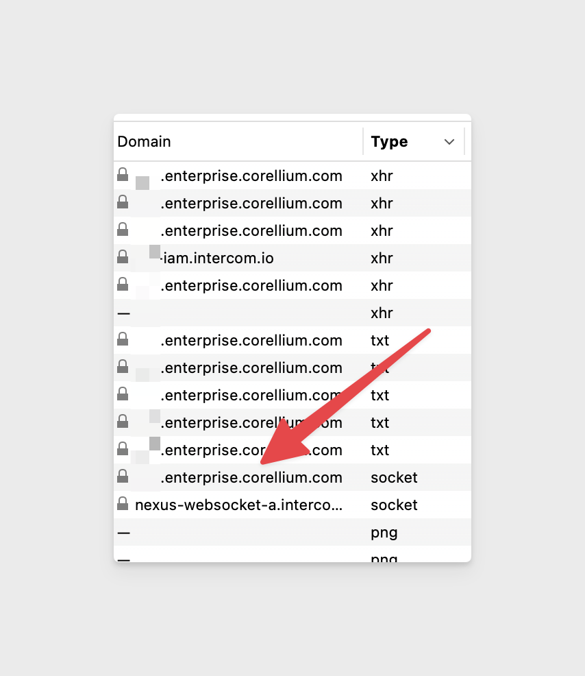 Find the WebSocket request in the browser developer tools network tab