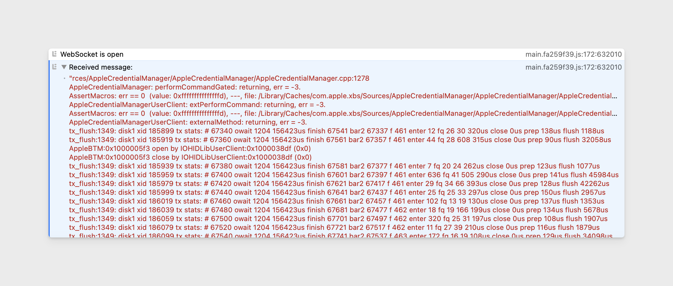 The browser console showing the WebSocket is open and received message lines