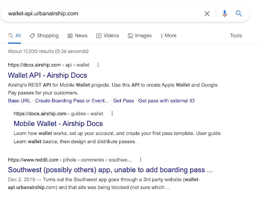 Google search of wallet-api.urbanairship.com