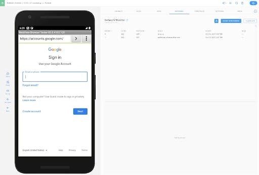 Screenshot an Android Google sign-in and Corelliun's Network monitor.