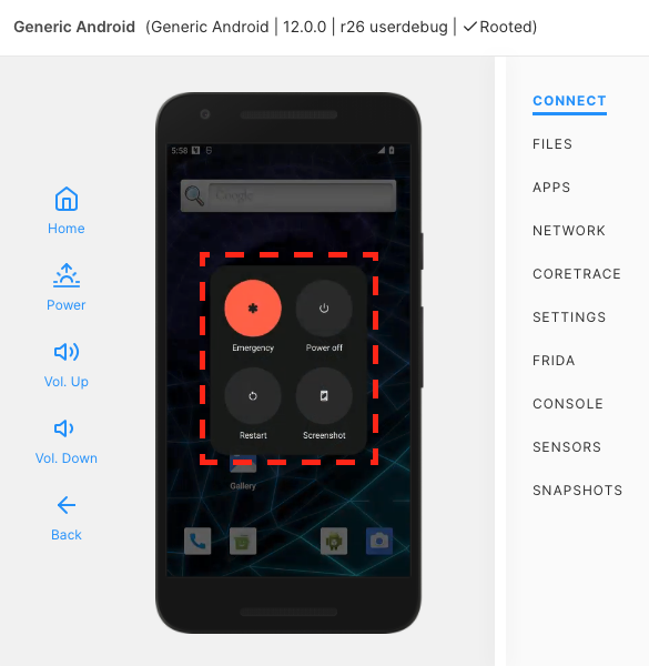 Power menu on the Android device